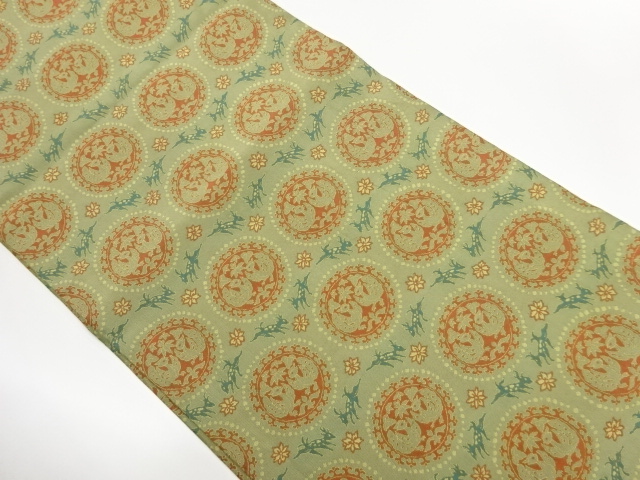 萬葉織物製　連珠文に向かい花・鹿模様織出し名古屋帯